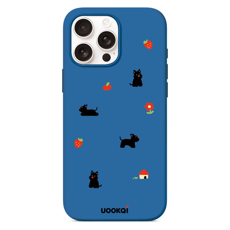 Deep Blue Scottie Dog and Strawberry Pattern iPhone 16 Pro Max Case