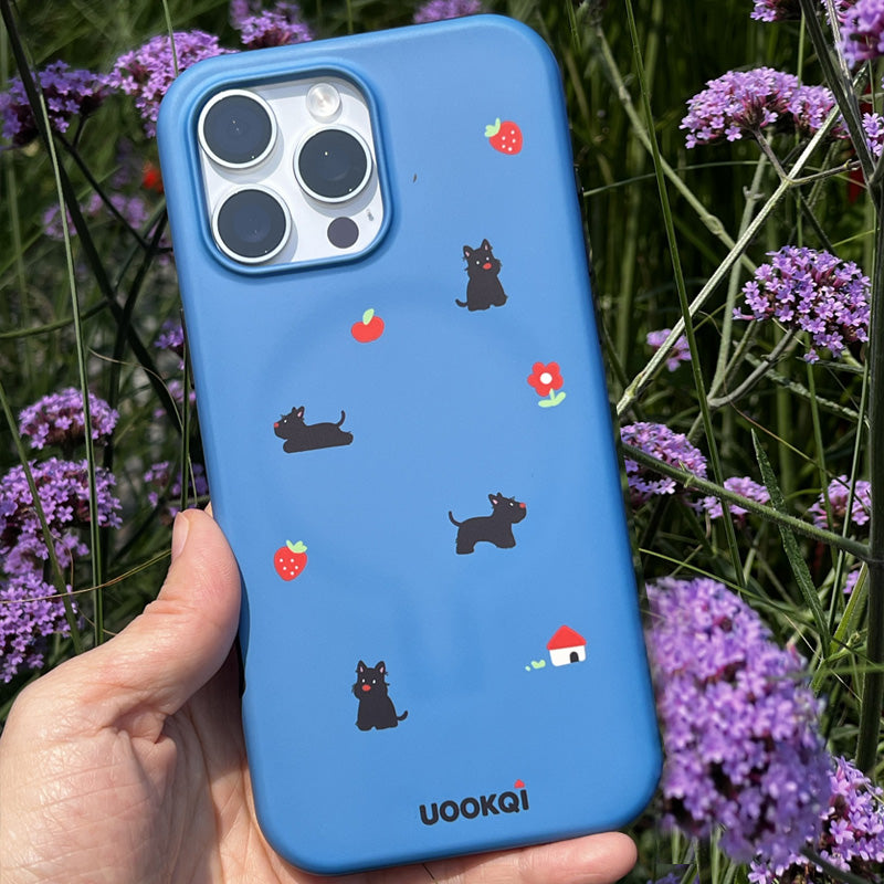Deep Blue Scottie Dog and Strawberry Pattern iPhone 16 Pro Max Case